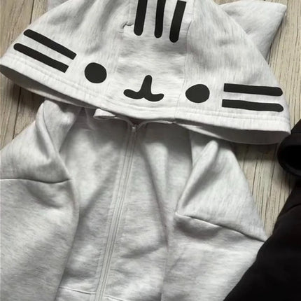 Cute 3D Cat Ear Zip Hoodie Kawaii Cartoon Pink Paw Cat Face Women Hoodies Y2K New Fashion Sweet Streetwear Unisex Loose Clothing