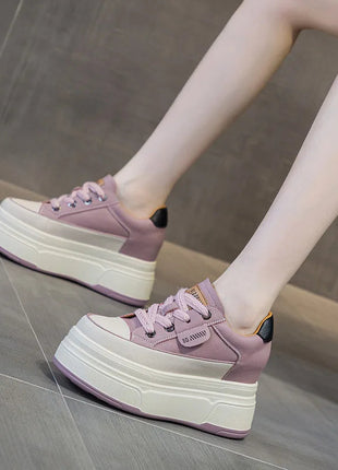 Fujin 9cm 3 inch comfortable platform sneakers for women Genuine Leather Women Vulcanized Shoes Platform High Heels Casual Shoes PlatiNum