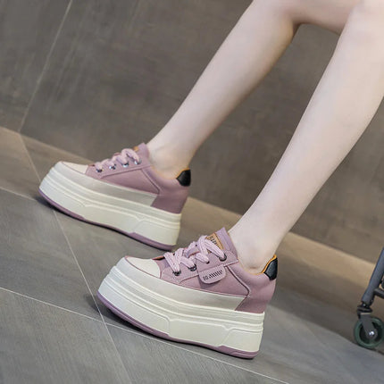 Fujin 9cm 3 inch comfortable platform sneakers for women Genuine Leather Women Vulcanized Shoes Platform High Heels Casual Shoes PlatiNum
