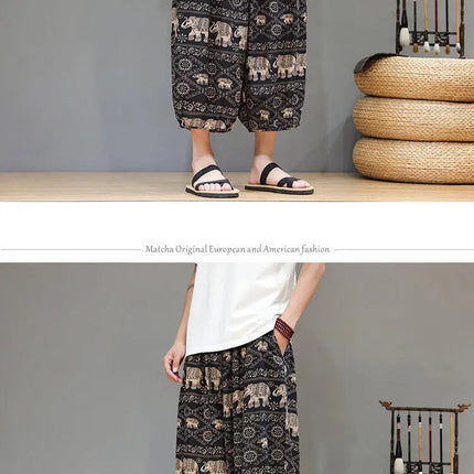 Pantaloncini da uomo estivi Pantaloni larghi casual comodi in cotone Pantaloni tradizionali al polpaccio retrò Pantaloncini traspiranti da uomo Streetwear