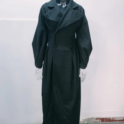European American Retro Court Style Wool Coat, Long Length with Big Lapel & Lantern Sleeves, New Autumn Winter Outerwear