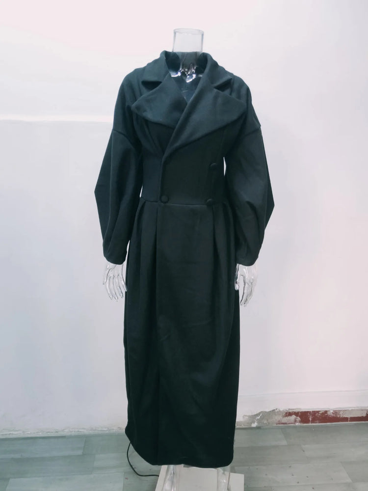 European American Retro Court Style Wool Coat, Long Length with Big Lapel & Lantern Sleeves, New Autumn Winter Outerwear