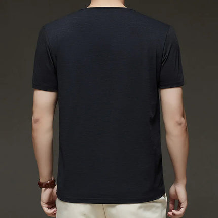 2025 New Men's Business Casual Three Button V-neck Short Sleeved T-shirt Korean Style Summer Comfortable Versatile Top PlatiNum