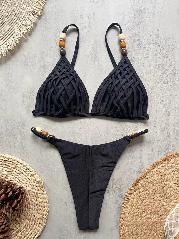 Sexy marrone bikini set 2026 donne perle cinturino foro fuori reggiseno push up perizoma costume da bagno brasiliano spiaggia costume da bagno micro costumi da bagno platinumshop