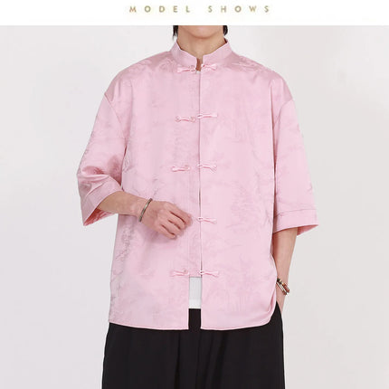 Camicie Estive da Uomo di Lusso in Jacquard Traspirante a Maniche Corte, Stile Cinese Tradizionale Kung Fu Tai Chi, Camicia Casual da Uomo