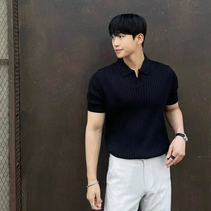 Men's Slim Fit Solid Color Stretchy Polo Shirt Sexy Fashion Trendy Cotton Casual Top Comfortable Elastic Summer Clothes