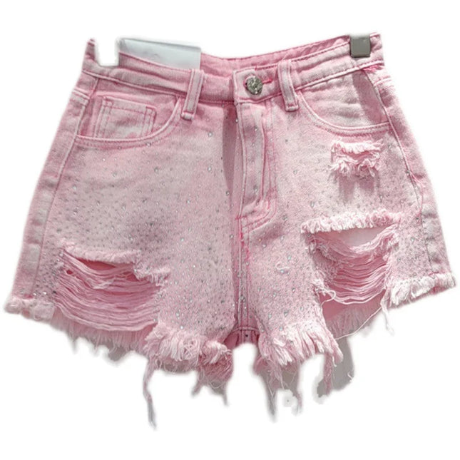 Women's Rhinestone Denim Shorts, High Waist, Stretchy, Vintage Wash, Distressed Effect, Summer 2026 Streetwear Style