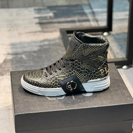 Luxury Designer's Autumn Winter New Men's Sneakers Water Diamond High Top Men's Running Shoes Fashion Leather Casual Short Boots