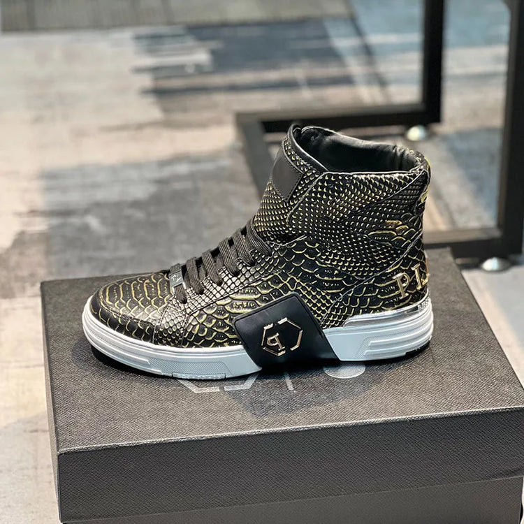 Luxury Designer's Autumn Winter New Men's Sneakers Water Diamond High Top Men's Running Shoes Fashion Leather Casual Short Boots