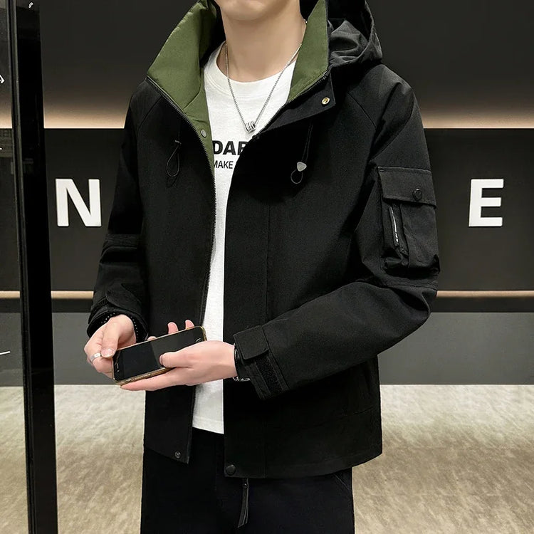 New Men's Fashion Casual Jackets Hooded Solid Zipper Pockets Camping Jackets Spring Autumn Brand Male Outdoor Sport Windbreaker