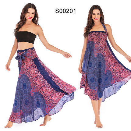 Boho Gonne Donna Rayon Beach Abito lungo Estate Bohemian Jupe Longue Femme Elastico in vita Stampa Fasciatura floreale Halter Hippie platinumshop