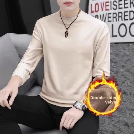Thickened Double-sided Velvet Long Sleeve T-shirt Men's Underwear Solid Color Fleece-lined Heavyweight Crew Neck Base Shirt PlatiNum