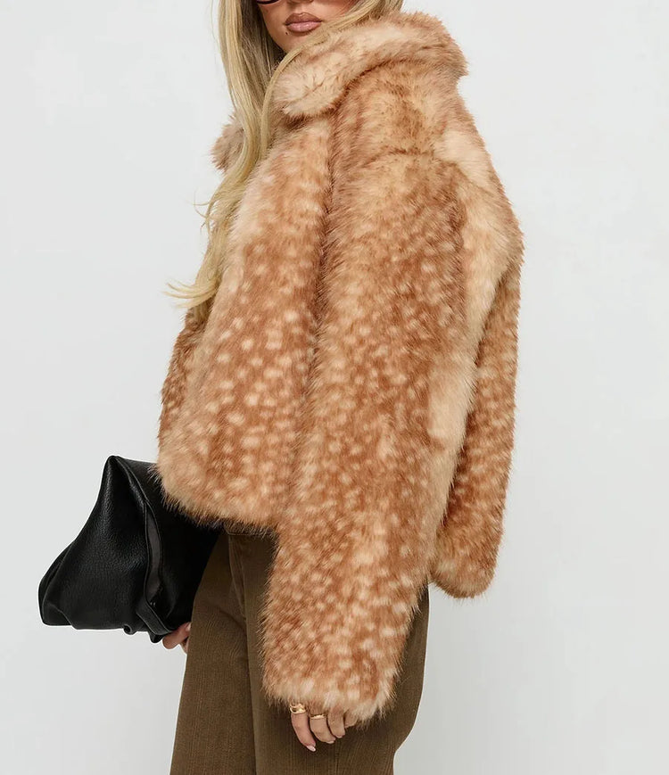ZADORIN Chic Turn Down Collar Deer-print Cropped Fluffy Faux Fur Coat Woman Elegant Warm Faux Fur Jackets Woman Winter Coat Tops