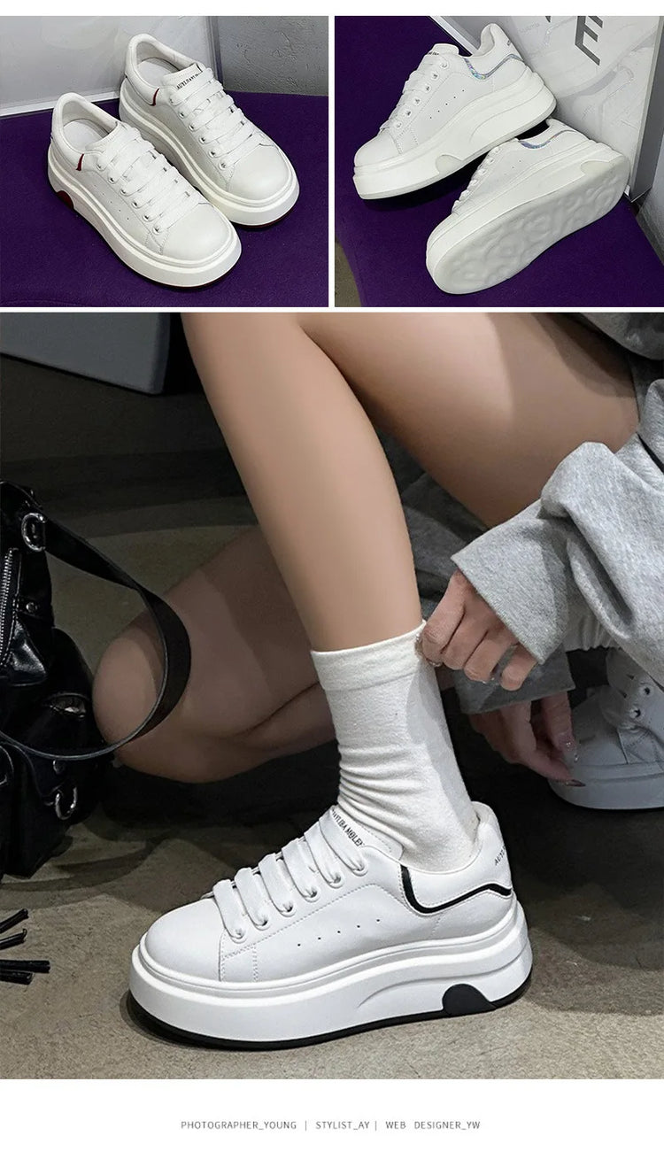ZXRYXGS 2025 Spring Genuine Leather  Breathable Comfortable Shoes Woman New Thick Sole Wedges Increase Casual Sneakers White