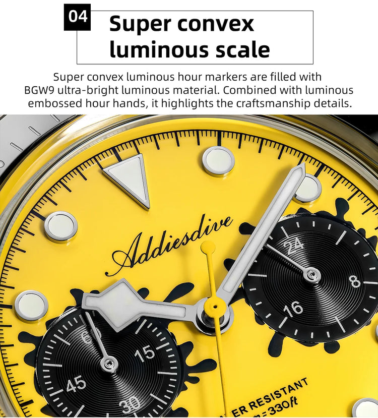 ADDIESDIVE Men Watches New VK64 Quartz Wristwatch Luxury Chronograph Luminous BGW9 Ceramic Bezel Domed Glass 100m Waterproof