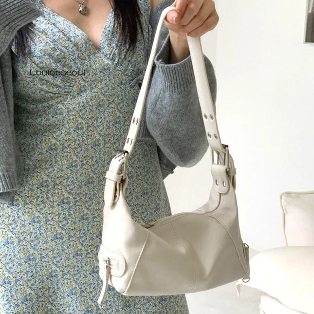Y2K Vintage Distressed Leather Women Bag Shoulder Bag Maillard Style Underarm Purse Two Tone Crossbody Bag for Women PlatiNum
