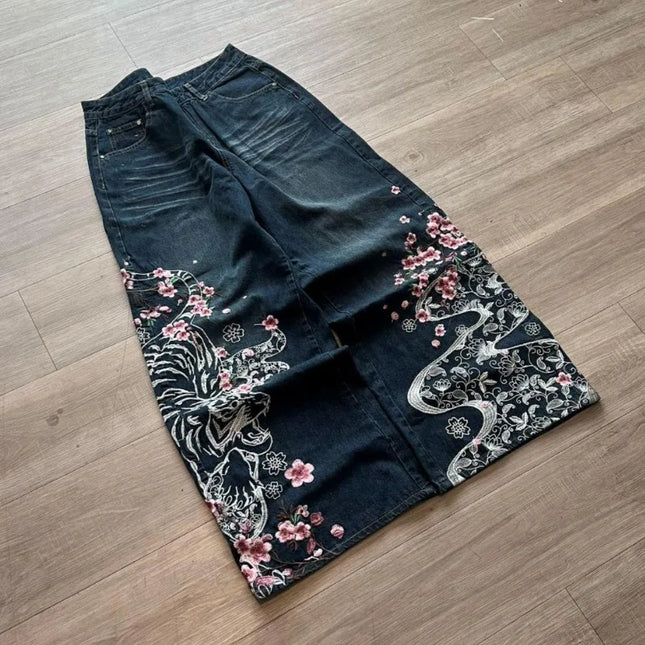 New Oversized Baggy Jeans with Tiger Pattern Embroidery, Y2K, Gothic, Harajuku, Hip Hop Style, Women's Loose Casual Pants