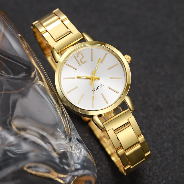 Set di braccialetti con apertura per orologio da polso al quarzo con cinturino in acciaio dorato alla moda da donna 2 pezzi platinumshop