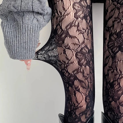 Sexy Floral Fishnet Long Socks, Transparent Jacquard Lace Thin Tights, Sweet Japanese Style, Purple/Pink Lolita JK Fishnet Stockings