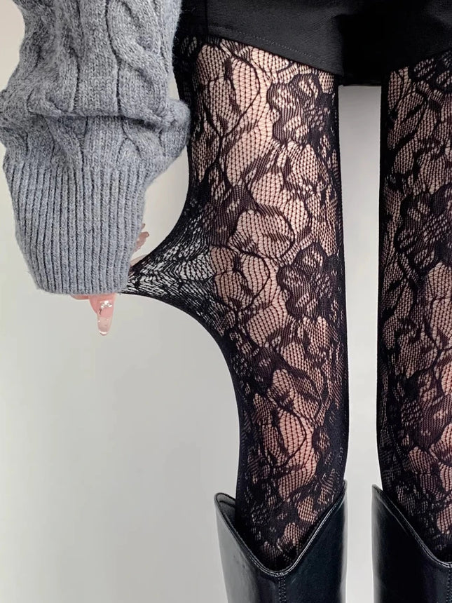 Calze Lunghe a Rete Floreali Sexy, Collant Sottili in Pizzo Jacquard Trasparente, Stile Giapponese Dolce, Calze a Rete Lolita JK Viola/Rosa