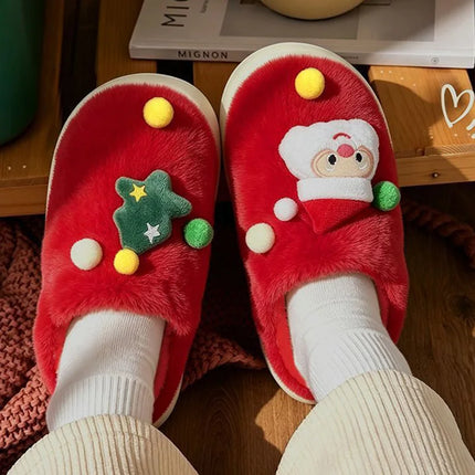 Christmas Plush Home Slippers Women Cute Cartoon Soft Sole Platform Cotton Slippers Couples Non Slip Warm Indoor Fur Slides