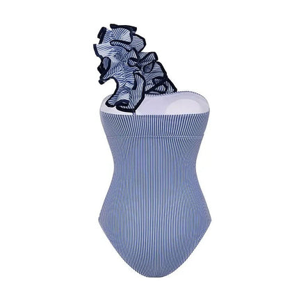2025 Nuova donna sexy monospalla con volant a righe stampa costume intero e gonna monokini costume da bagno da spiaggia body femminile platinumshop