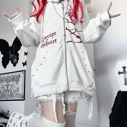Original Print Subculture Dark Loose Cat Ear Distressed Hooded Sweatshirt Jacket Zip Up Hoodie Oversized Hoodie