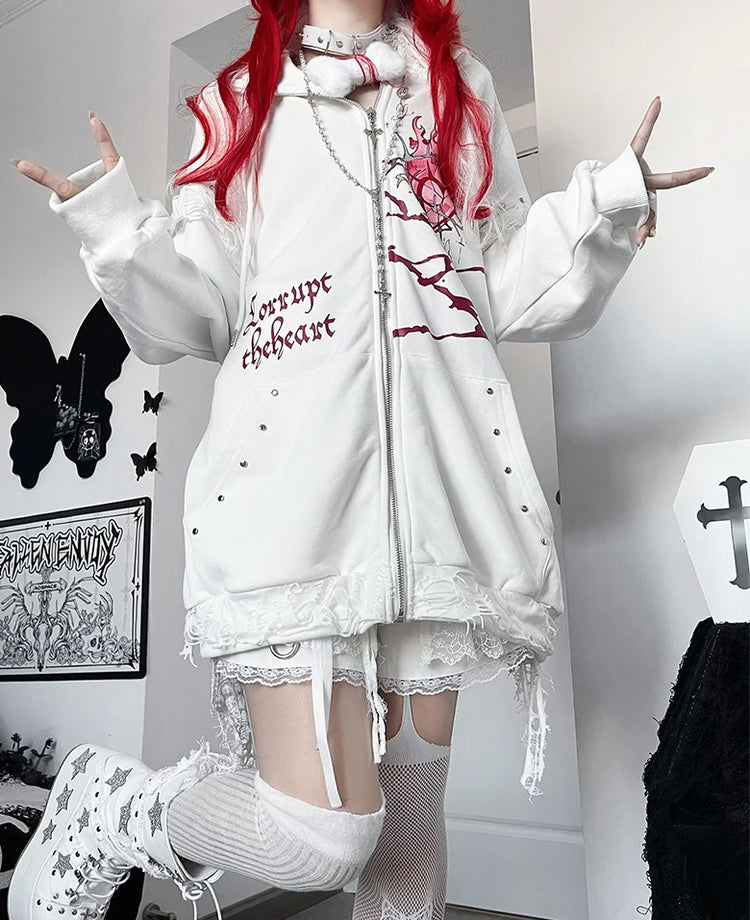Original Print Subculture Dark Loose Cat Ear Distressed Hooded Sweatshirt Jacket Zip Up Hoodie Oversized Hoodie