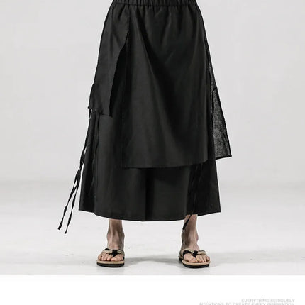 Pantaloni da uomo irregolari in cotone e lino, stile Harajuku, a gamba larga, tinta unita, casual, con elastico in vita, vestibilità ampia, stile punk