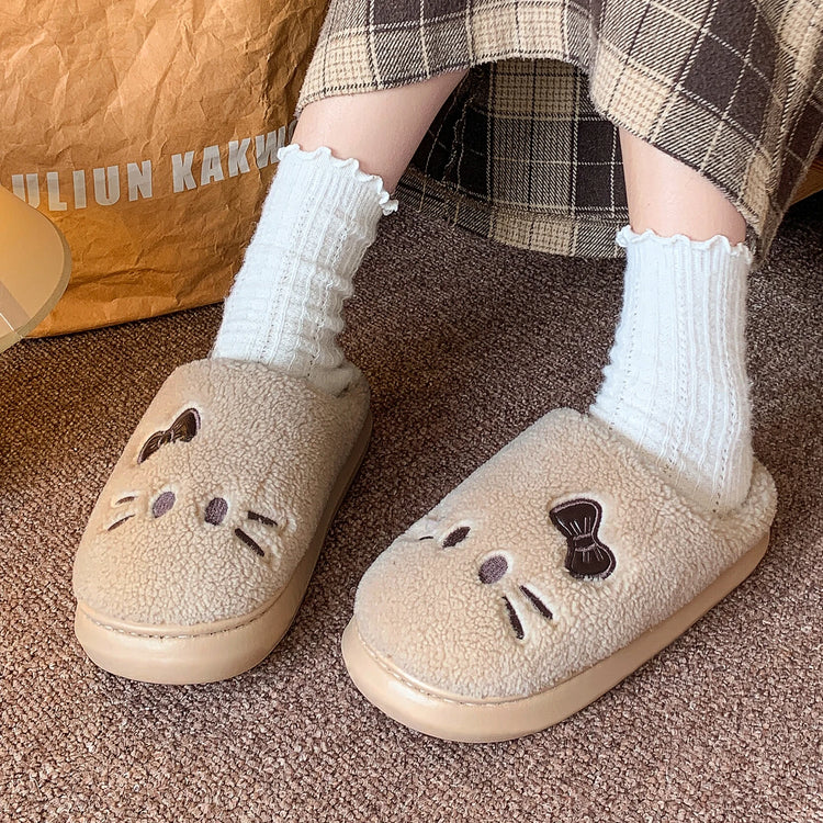 Cute Cat Winter Warm Slippers Women Men Fluffy Plush Home Shoes Red Bowknot Plaid Lining Indoor Bedroom Cotton Slides Mules New