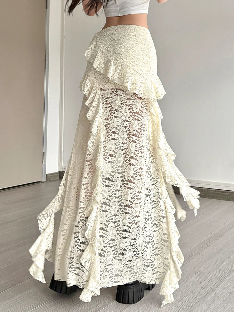 Nibber Nappe Gonne da donna Orlo irregolare Increspature multistrato Patchwork di pizzo Dolce tendenza estiva Pantaloni skinny versatili quotidiani