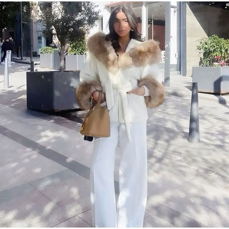 Cotton Lined Furry Fur Collar Belts Jacket Women Fashion Long Sleeve Thicken Warm Female Coat 2025 Winter Street Casual Outwear
