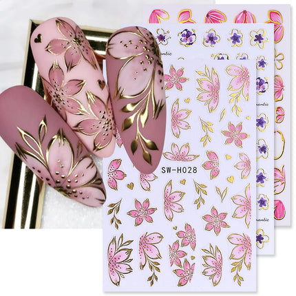 2/3pcs Golden Pink Hibiscus Flower Nail Stickers 3D Bronzing Border Petals Sakura Line Sliders Nail Decals DIY Manicure Decor