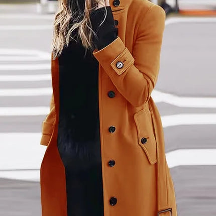 New Solid Color Button Long Wool Coat Autumn Warm Stand Collar Women Coat Fashion Ladies High Neck Pocket Belt Trench Coat
