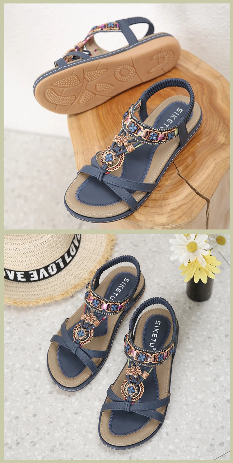 Summer 2025 Pomesian Rhinestones Comfortable And Casual Beach Flat Sandals For Women Ethnic Style Leisure Comfortable And Simple