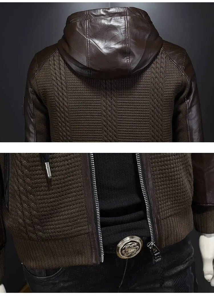 Winter Jackets Mens Duck Down Jacket Men 2025 Autumn Men's Knitted Spliced Leather Jacket Hooded Down Jacket Coat Kurtka Zimowa