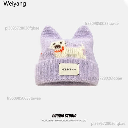 Cute Cartoon Kitten Ear Woolen Cap for Women Warm Cold-proof Autumn Winter Puppy Pattern Knitted Hat Fashion Sweet Crochet hats