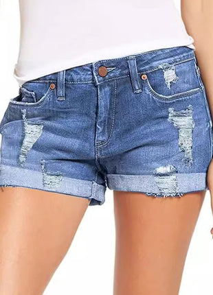 High-End Elastic Ripped Denim Shorts for Women Comfortable Fit Fashionable Tear Design PlatiNum