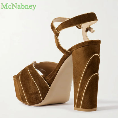 Brown Metallic Leather-trimmed Suede Platform Sandals Round Open Toe Chunky High Heels Ankle Strap Buckle Summer Shoes Luxury