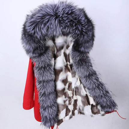 Winter Long Jacket Real Fur Coat Women Clothes Large Silver Fox Fur Collar Detachable Natural Fox Lining Parkas Leather Fur