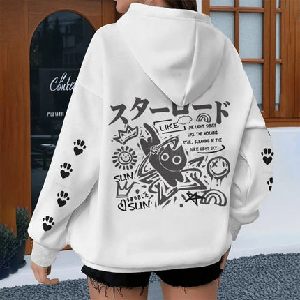 Japanese Style Cat Print Hoodies Women Men Harajuku Animal Streetwear Vintage Kitten Design Y2K Sudaderas