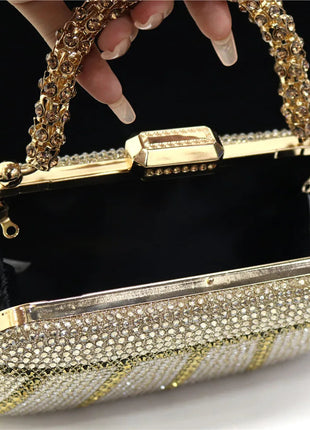 Popular In Nigeria Exquisite Evening Bags With Diamond Design Fashion Handle Clutch Rhinestone Embellished Long Chain Bag PlatiNum