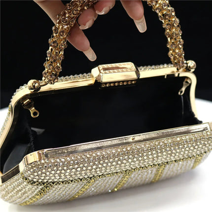 Popular In Nigeria Exquisite Evening Bags With Diamond Design Fashion Handle Clutch Rhinestone Embellished Long Chain Bag PlatiNum