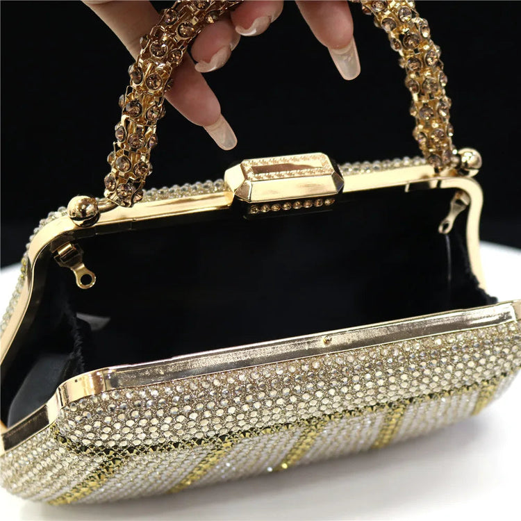 Popular In Nigeria Exquisite Evening Bags With Diamond Design Fashion Handle Clutch Rhinestone Embellished Long Chain Bag PlatiNum