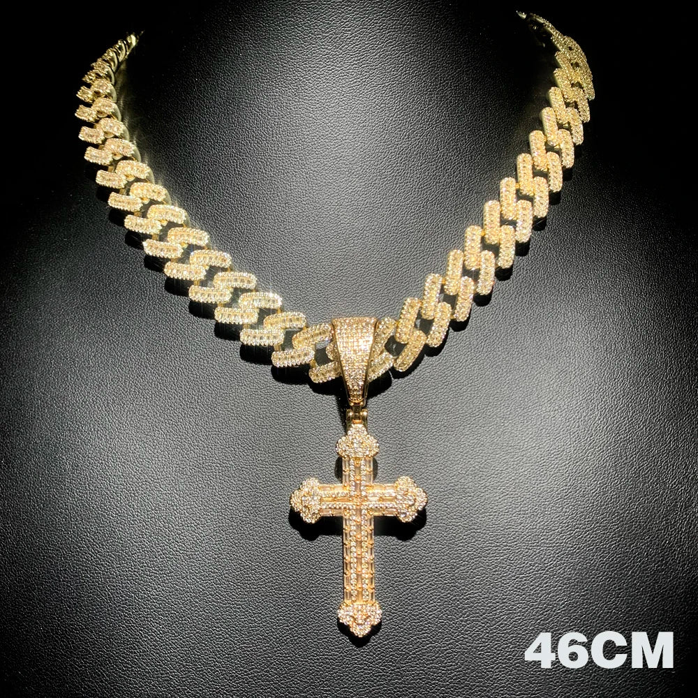 Collana con croce ghiacciata per uomo donna ciondolo con zirconi color argento bling con catena a maglie cubane da 15 mm gioielli hip-hop