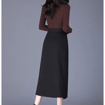 Women's Woolen Autumn and Winter New Style Elegant One-piece Unique and Stylish Straight Tube Slit Hugging Skirt PlatiNum