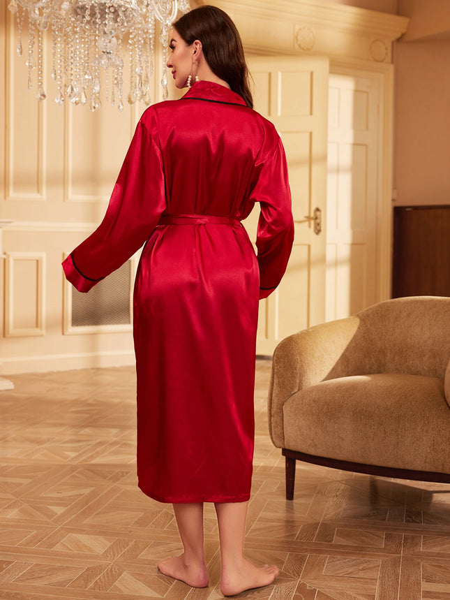 Women's Simple Long Sleeve Satin V-Neck Nightgown with Sleep Belt