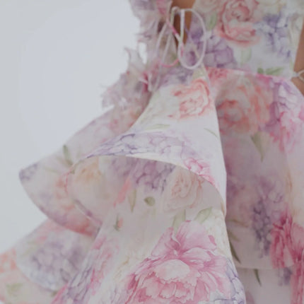 Elegant Puff Sleeve Floral Print Ball Gown Women's 3D Flower V-Neck Mini Dress Summer Beach Dresses Chic Vacation Evening Dresses