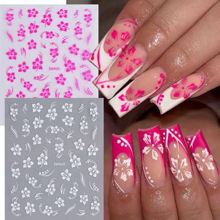 5D Hibiscus Flower Nail Embossed Sticker Acrylic Pink White Gold Petal Leaf Adhesive Decal Butterfly Dragon Floral Elegant Decor