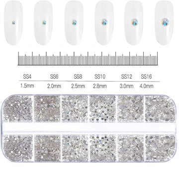 1.5mm-5mm Champagne Glass Crystal Nail Art Gems 12grids Flatback SS4-SS16 Mixed Nail Art Rhinestone Non-Hotfix Diamond Nail Deco